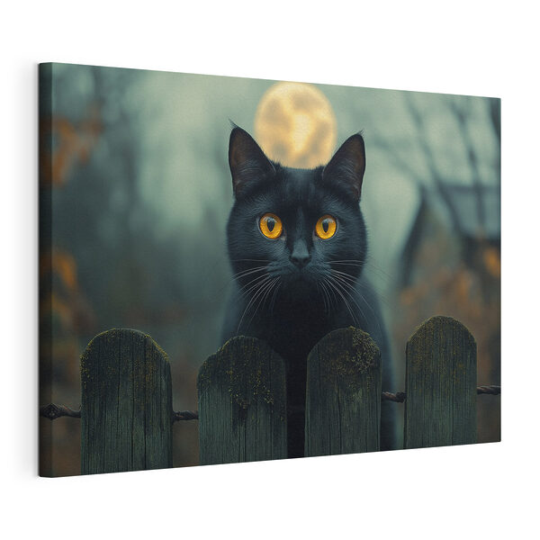 Zwarte kat met gele ogen achter een hek Canvas Schilderijen Zwarte kat met gele ogen achter een hek