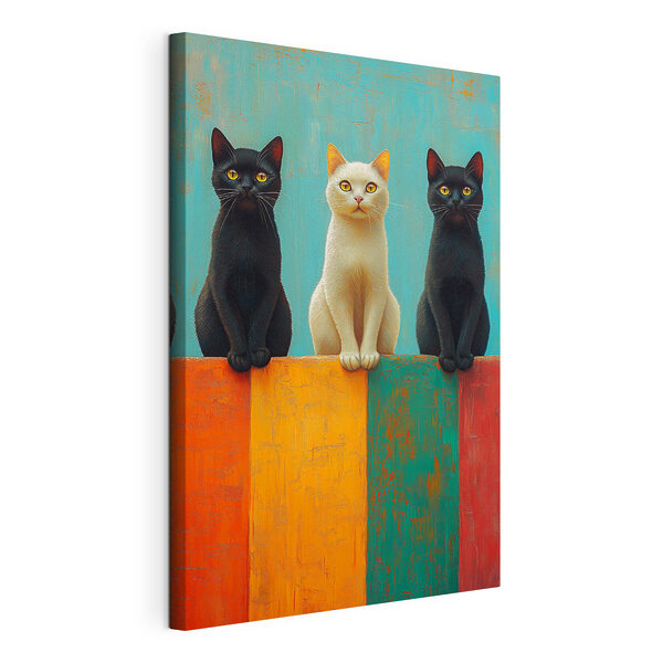 Canvas Schilderijen Drie katten die genieten van het kleurrijke landschap