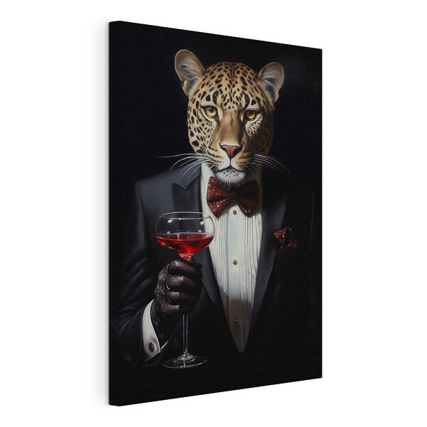 Luipaard in pak met strik die een wijnglas vasthoudt Canvas Schilderijen Luipaard in pak met strik die een wijnglas vasthoudt