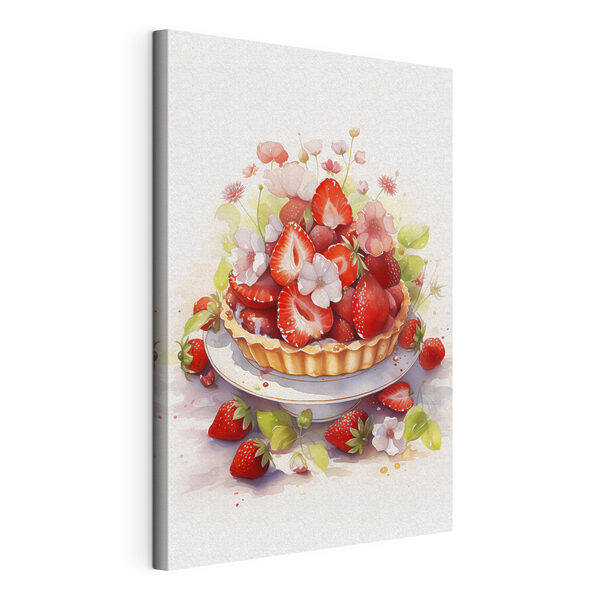 Canvas Schilderijen Aquarel van een taart met aardbeien en bloemen