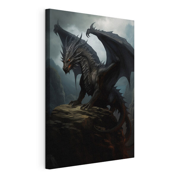 Zwarte draak op een rots Canvas Schilderijen Zwarte draak op een rots