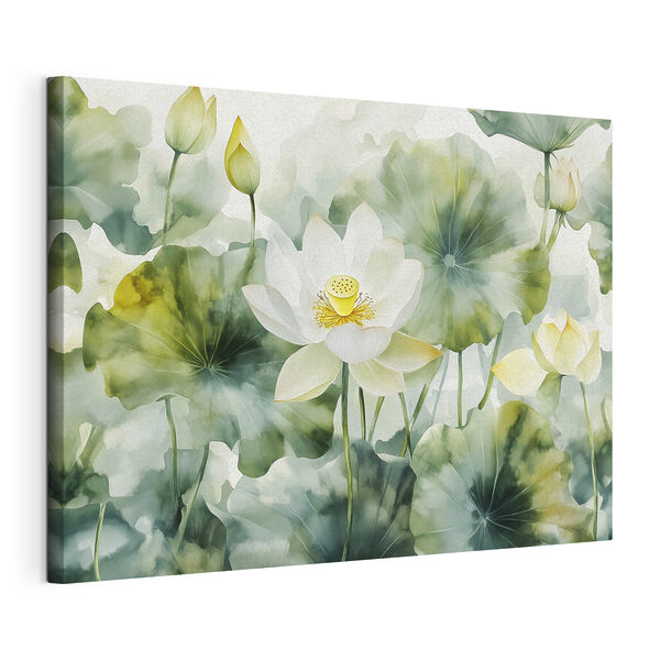 Canvas Schilderijen Elegante lotusbloemen in rustig water