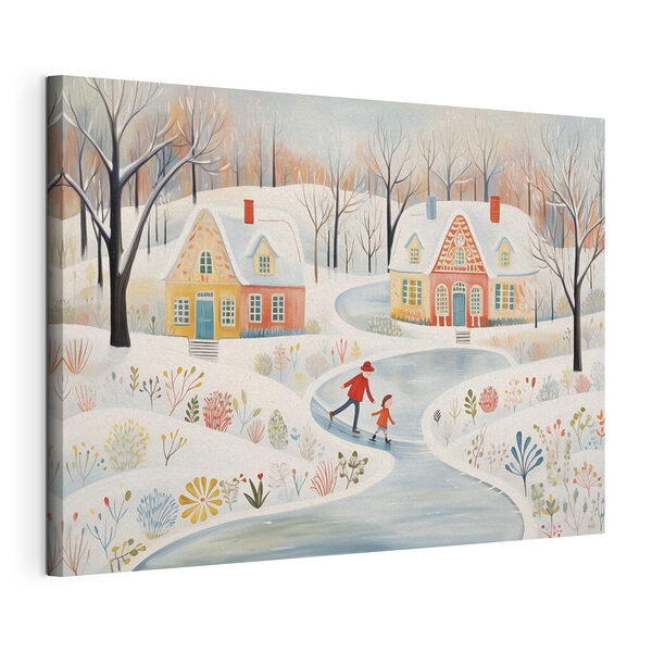 Schilderij van een paar mensen die schaatsen op een besneeuwde weg Canvas Schilderijen Schilderij van een paar mensen die schaatsen op een besneeuwde weg
