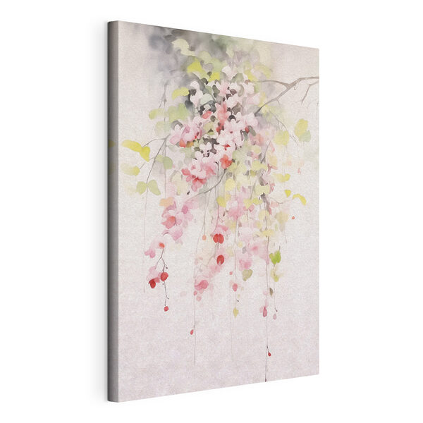 Canvas Schilderijen Aquarel van roze bloemen en groene bladeren