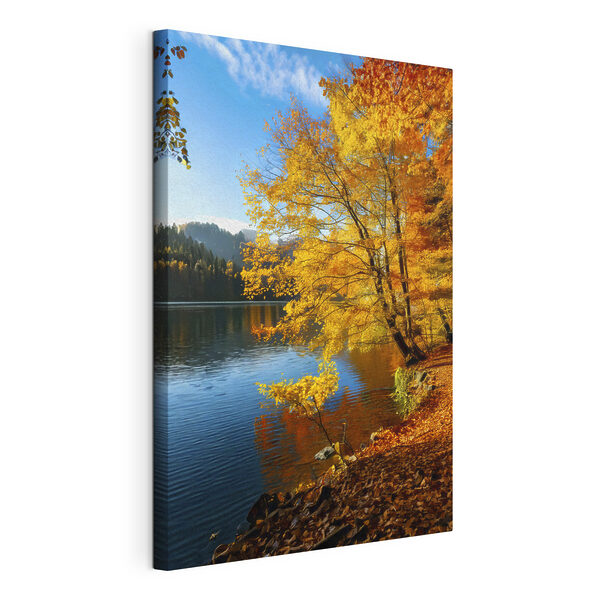 Meer met bomen en bladeren op de grond Canvas Schilderijen Meer met bomen en bladeren op de grond
