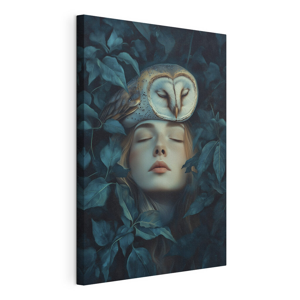 Woman with an owl on her head
