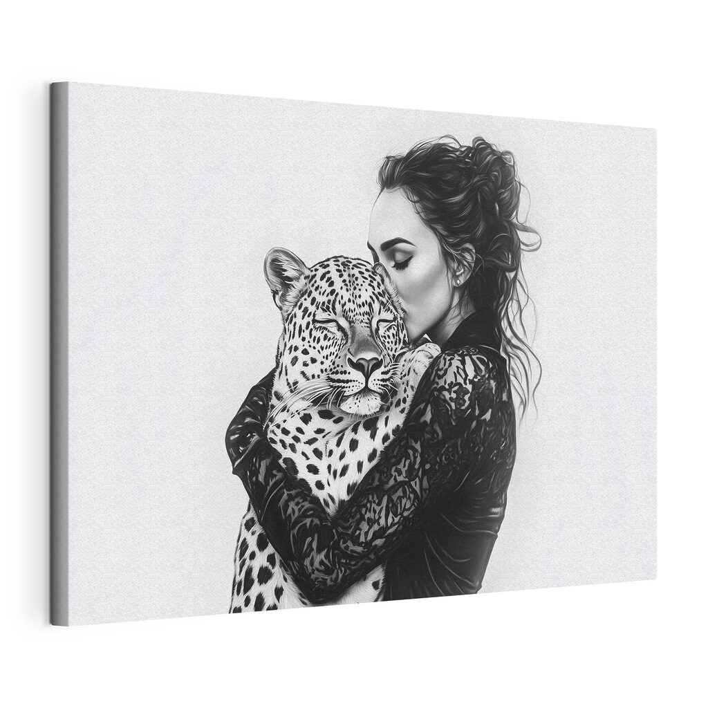 Woman hugging a leopard