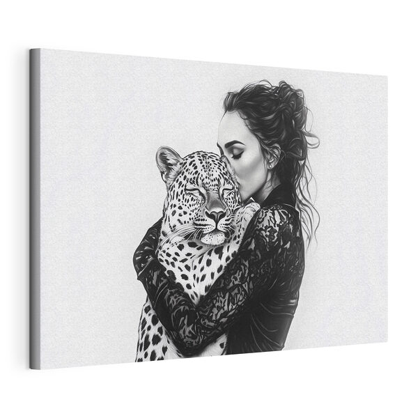 Vrouw knuffelt een luipaard Canvas Schilderijen Vrouw knuffelt een luipaard