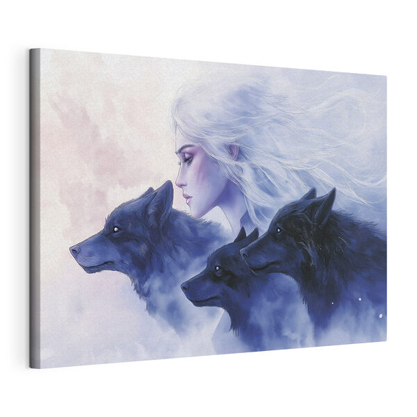 Vrouw met wit haar en wolven Canvas Schilderijen Vrouw met wit haar en wolven