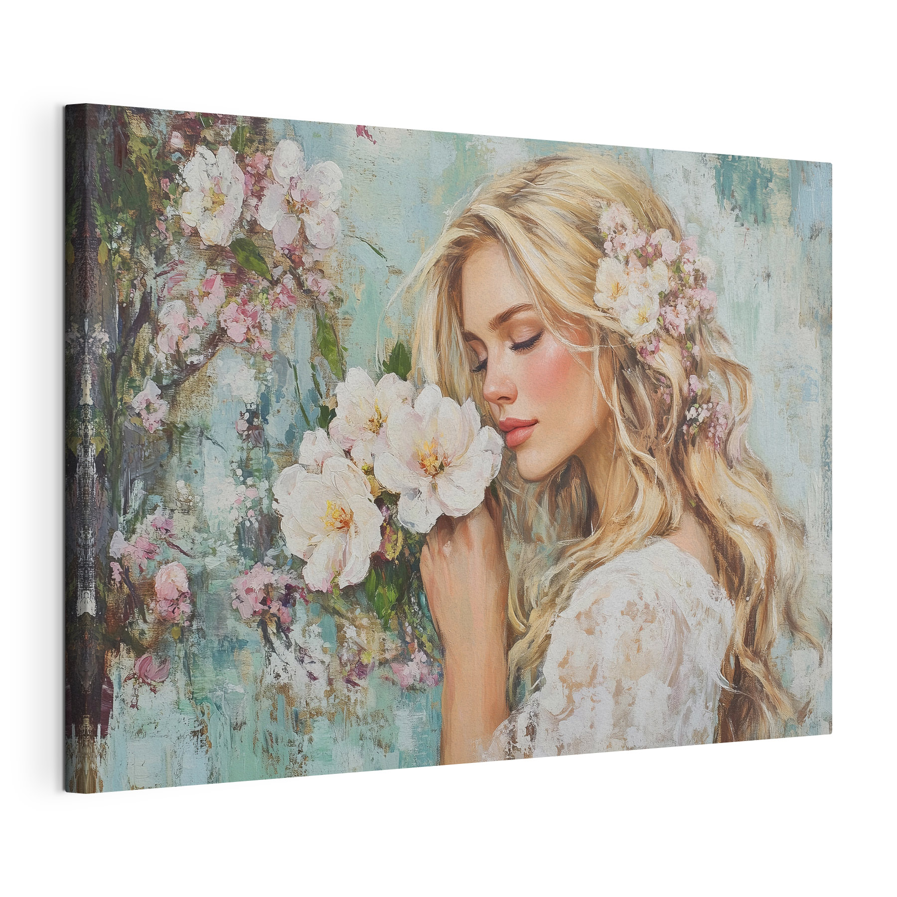 Painting of a woman smelling flowers