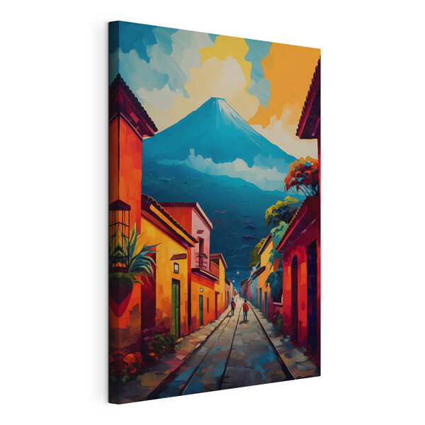 Painting of a street with buildings and a mountain in the background Painting of a street with buildings and a mountain in the background