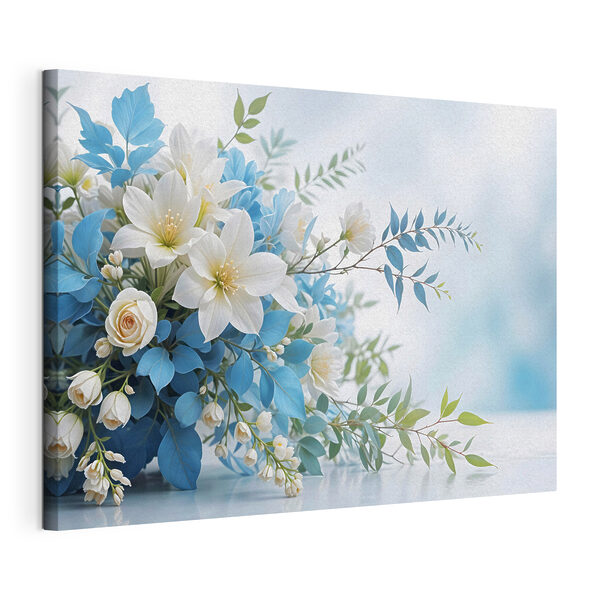 Boeket van witte en blauwe bloemen Canvas Schilderijen Boeket van witte en blauwe bloemen