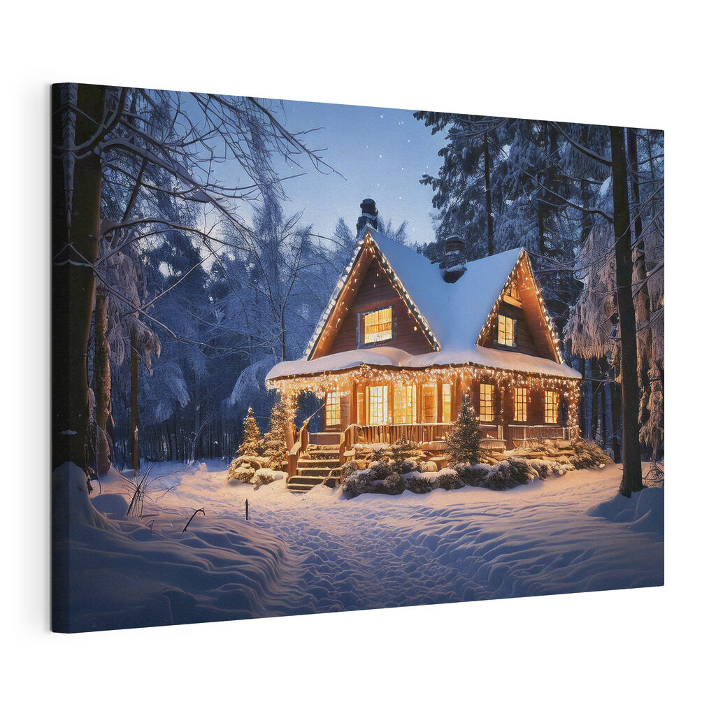 House with lights on it in the snow