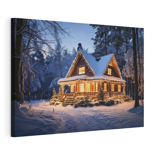 Huis met lichtjes in de sneeuw Canvas Schilderijen Huis met lichtjes in de sneeuw