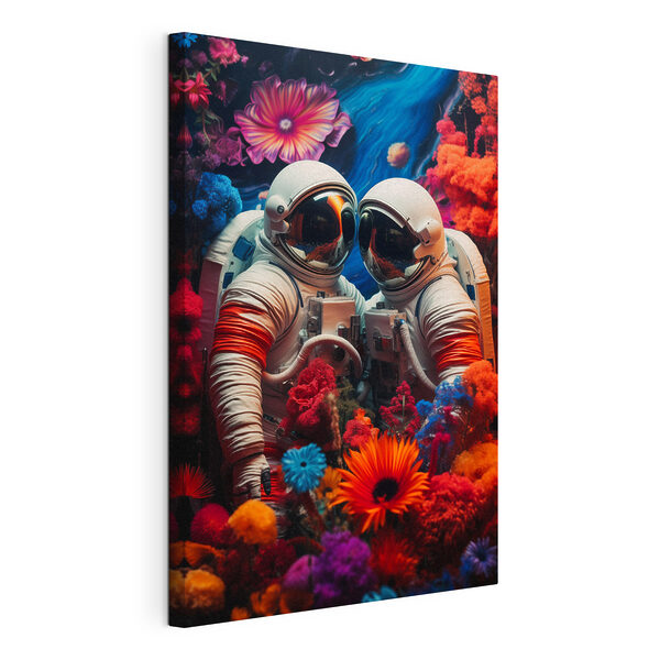 Canvas Schilderijen Twee astronauten in ruimtepakken en bloemen