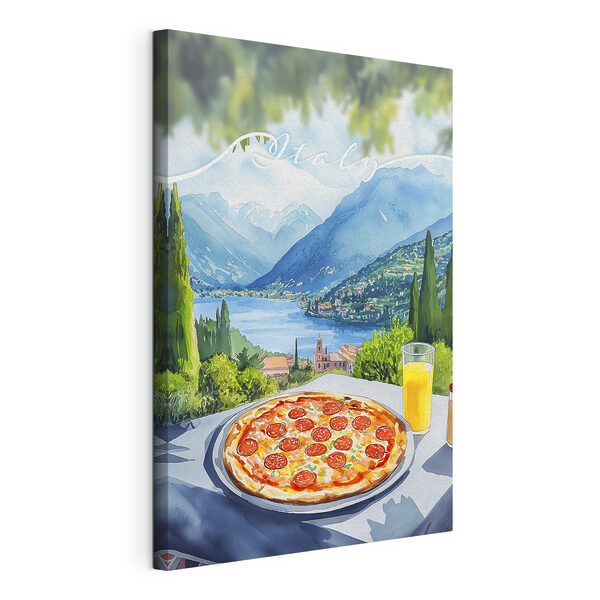 Pizza en sap op een tafel met bergen en bomen Canvas Schilderijen Pizza en sap op een tafel met bergen en bomen