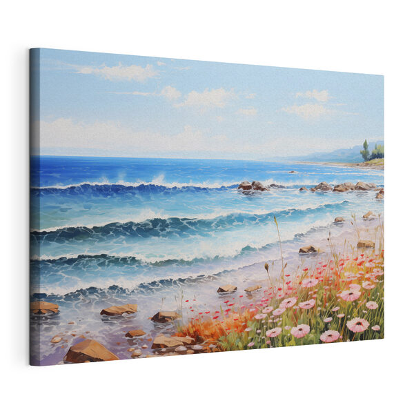 Schilderij van een strand met bloemen en golven Canvas Schilderijen Schilderij van een strand met bloemen en golven