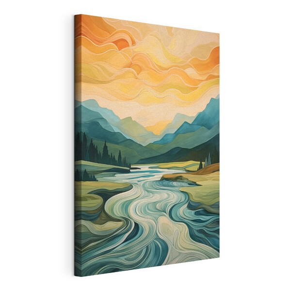 Schilderij van een rivier die door een vallei stroomt Canvas Schilderijen Schilderij van een rivier die door een vallei stroomt