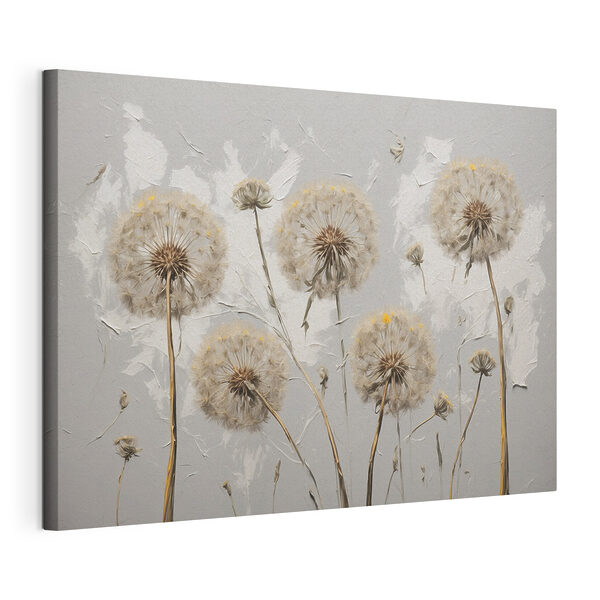 Canvas Schilderijen Schilderij van paardenbloemen op een witte achtergrond