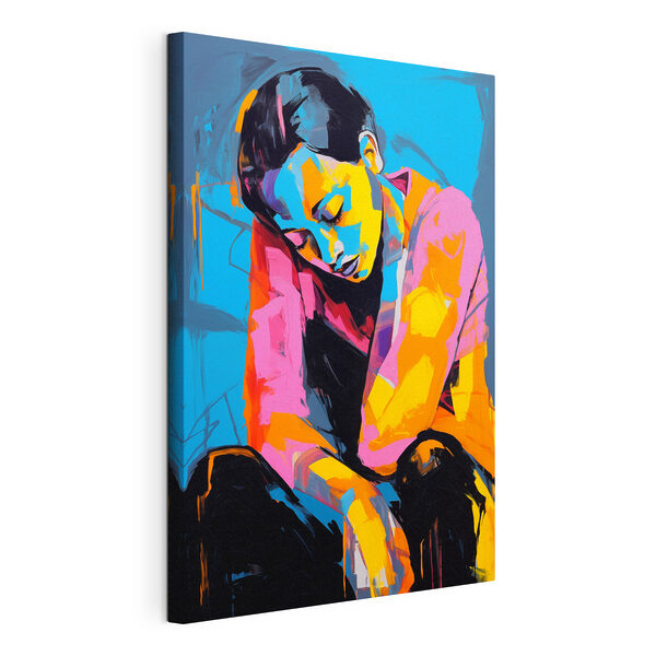 Schilderij van een vrouw met haar hoofd op haar knieën Canvas Schilderijen Schilderij van een vrouw met haar hoofd op haar knieën