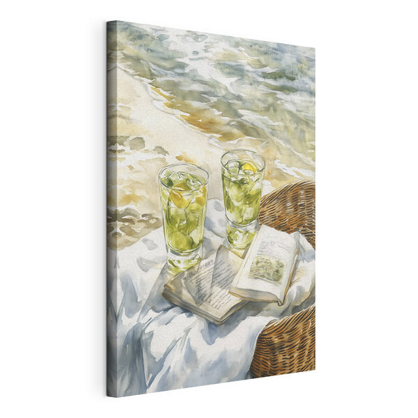 Canvas Schilderijen Aquarel van twee glazen ijsthee en een boek op een deken op een strand