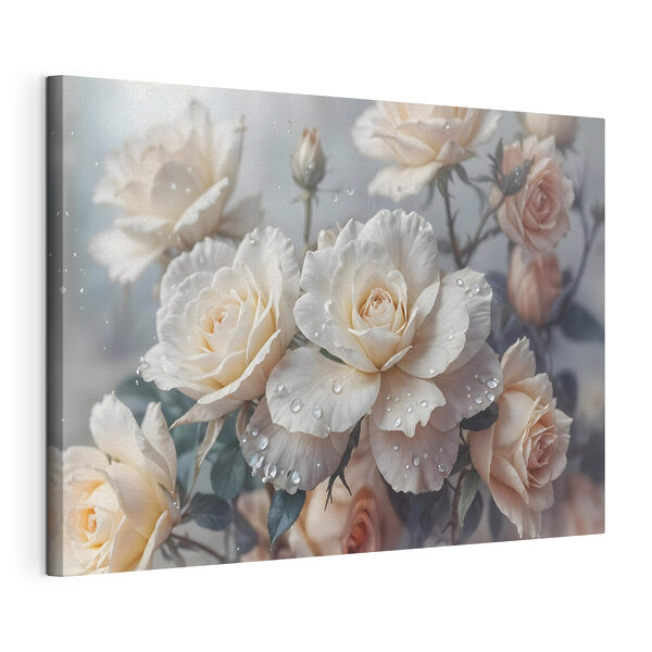 Groep witte rozen met waterdruppels Canvas Schilderijen Groep witte rozen met waterdruppels