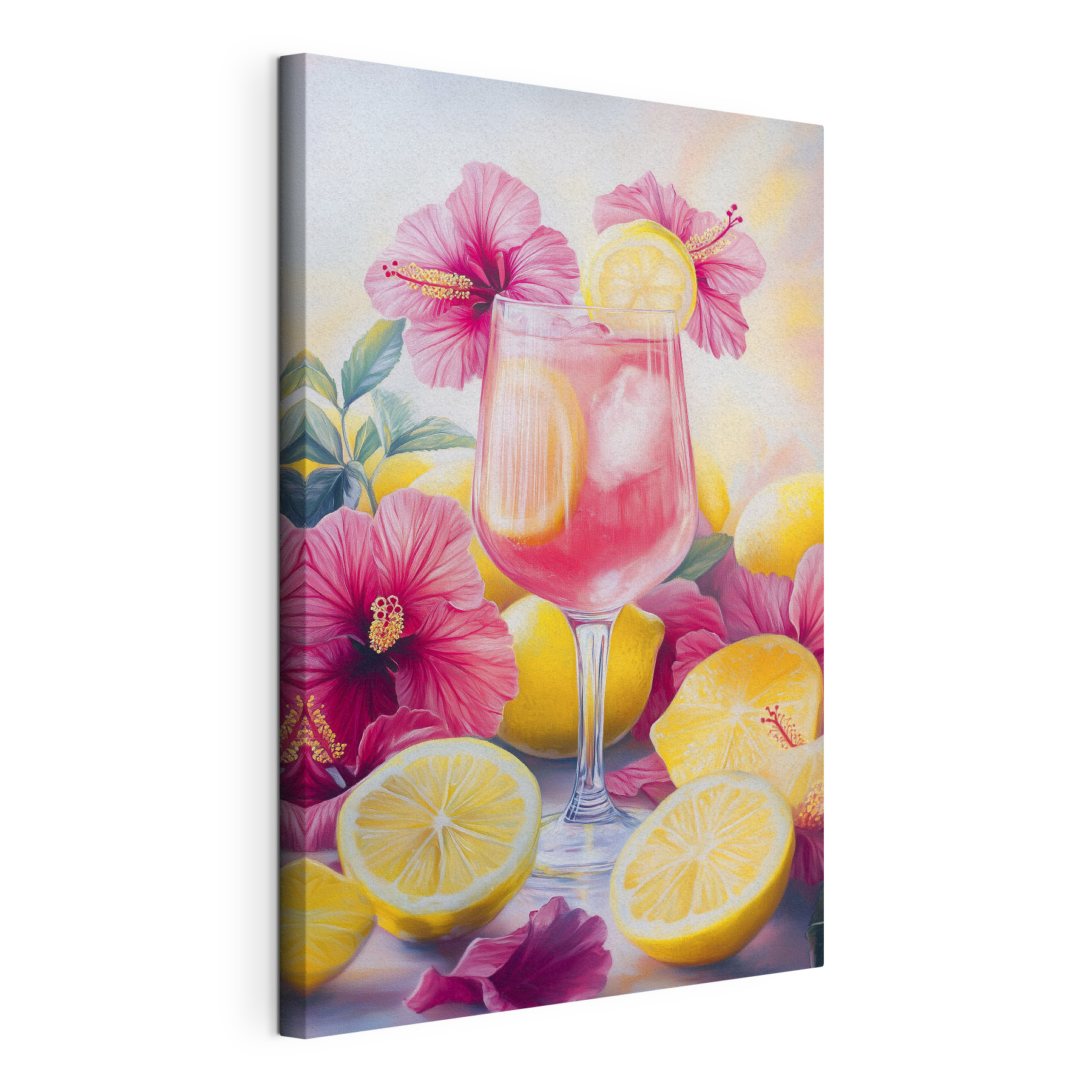 Glass of pink drink with lemons and flowers Glass of pink drink with lemons and flowers