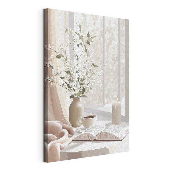 Canvas Schilderijen Kopje koffie en een vaas bloemen op de vensterbank