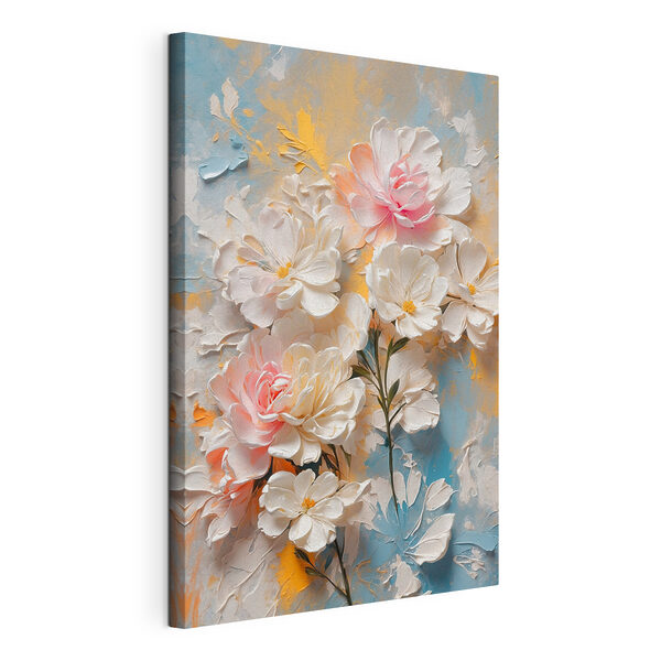 Canvas Schilderijen Schilderij van bloemen op een blauwe en gele achtergrond