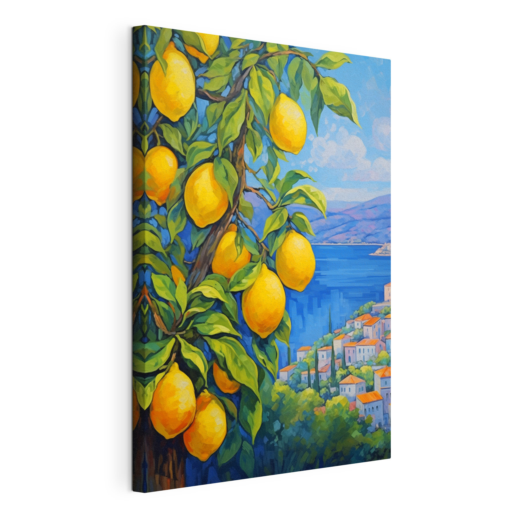 Painting of a lemon tree with a city in the background Painting of a lemon tree with a city in the background