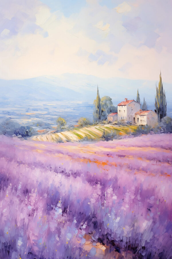 Painting of a house in a lavender field