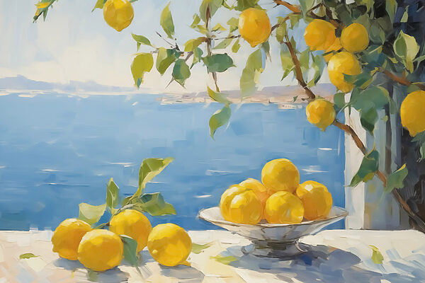 Bowl of lemons on a table next to a tree