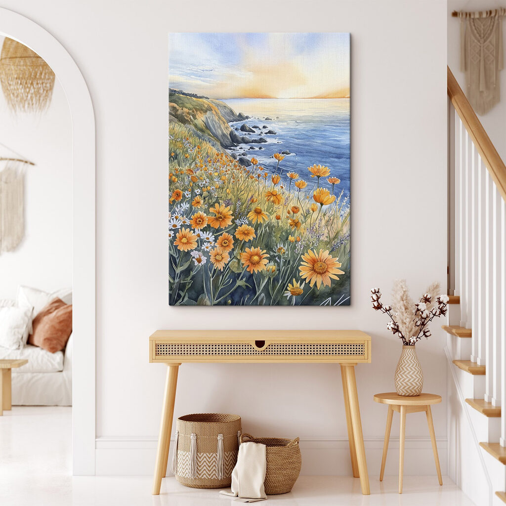 Painting of flowers on a cliff by the ocean