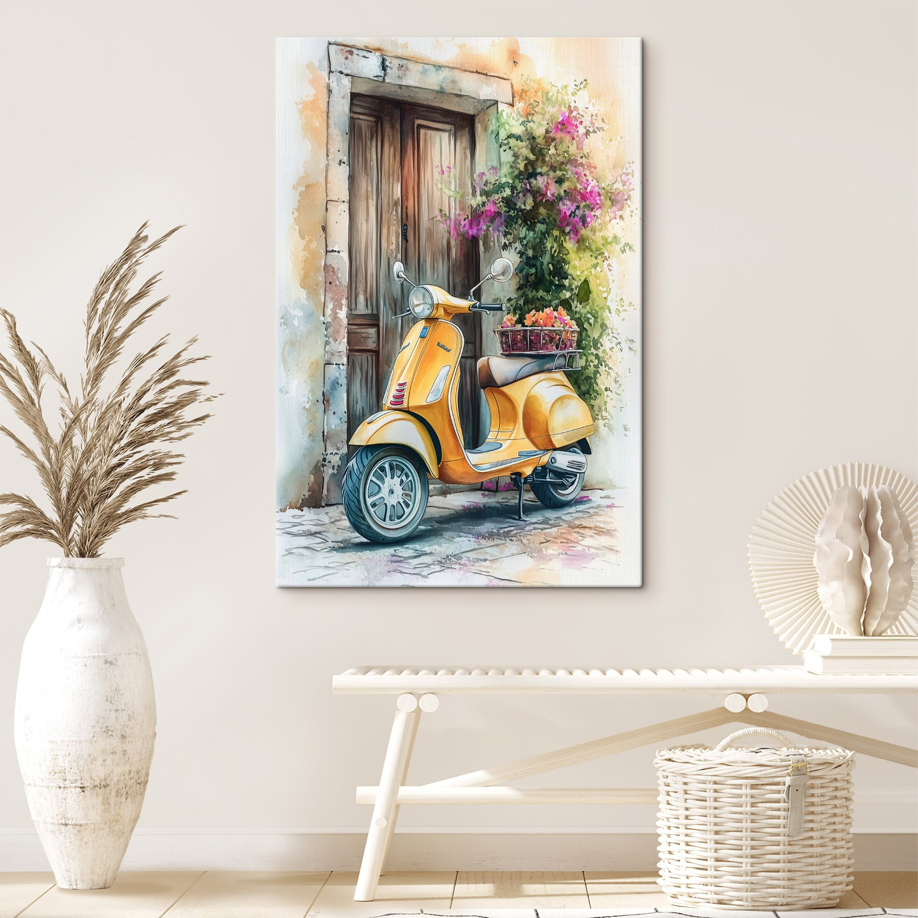 Yellow scooter with basket of flowers on the back