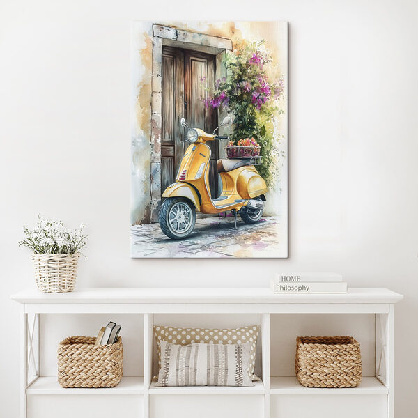 Yellow scooter with basket of flowers on the back