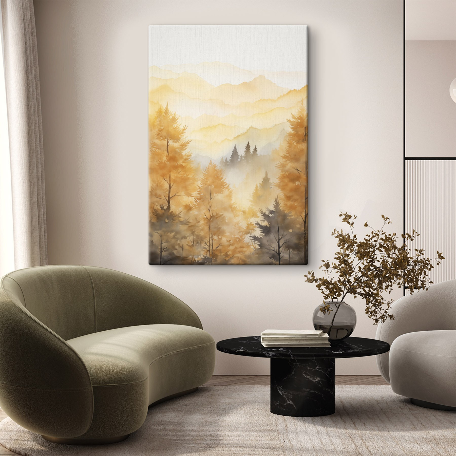 Painting of trees and mountains