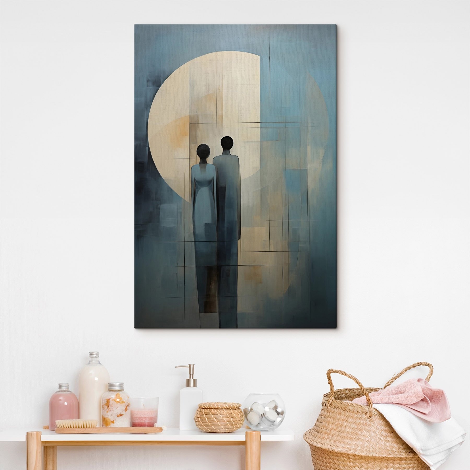 Painting of two people standing in front of a moon