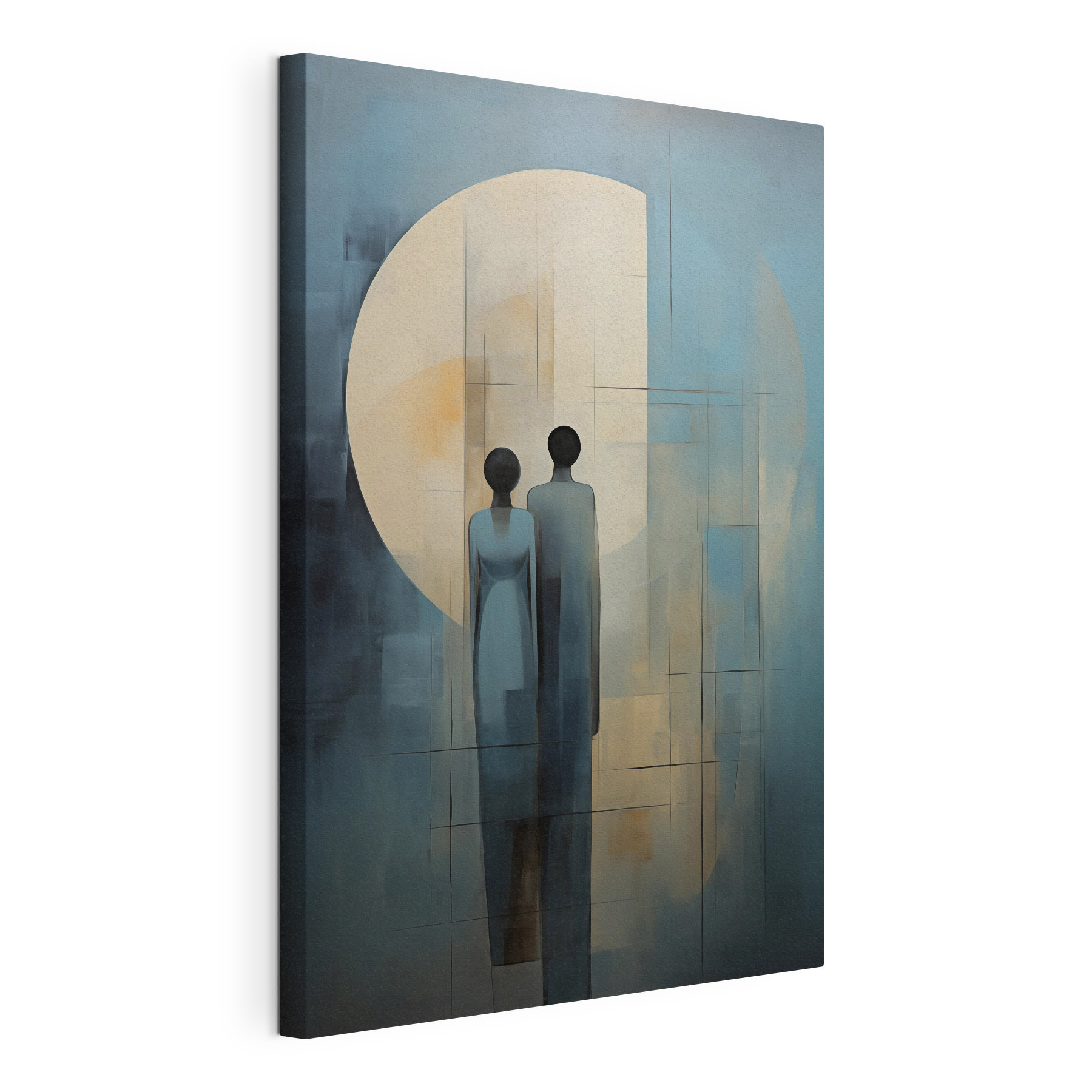 Painting of two people standing in front of a moon Painting of two people standing in front of a moon