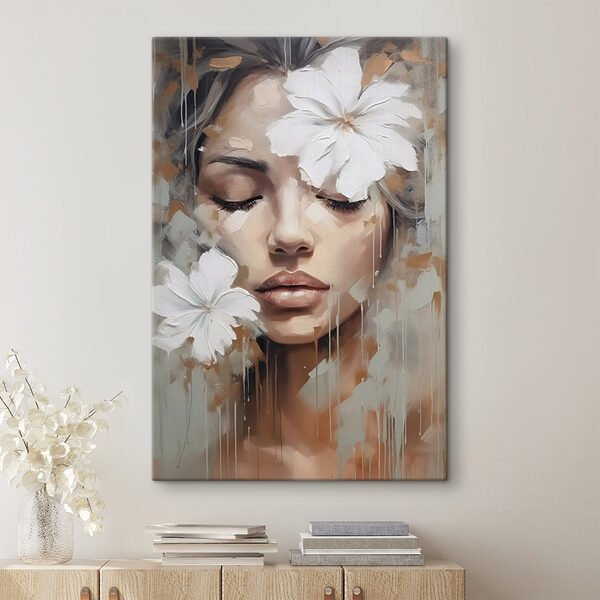 Canvas Schilderijen Schilderij van een vrouw met witte bloemen op haar hoofd