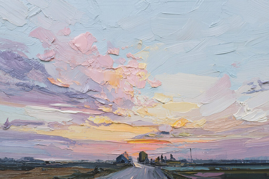 Painting of a road and buildings
