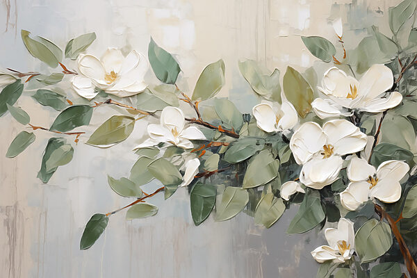 Painting of white flowers and green leaves