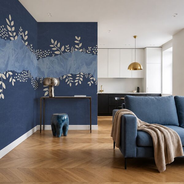 Blauw-witte achtergrond met witte blaadjes en stippen