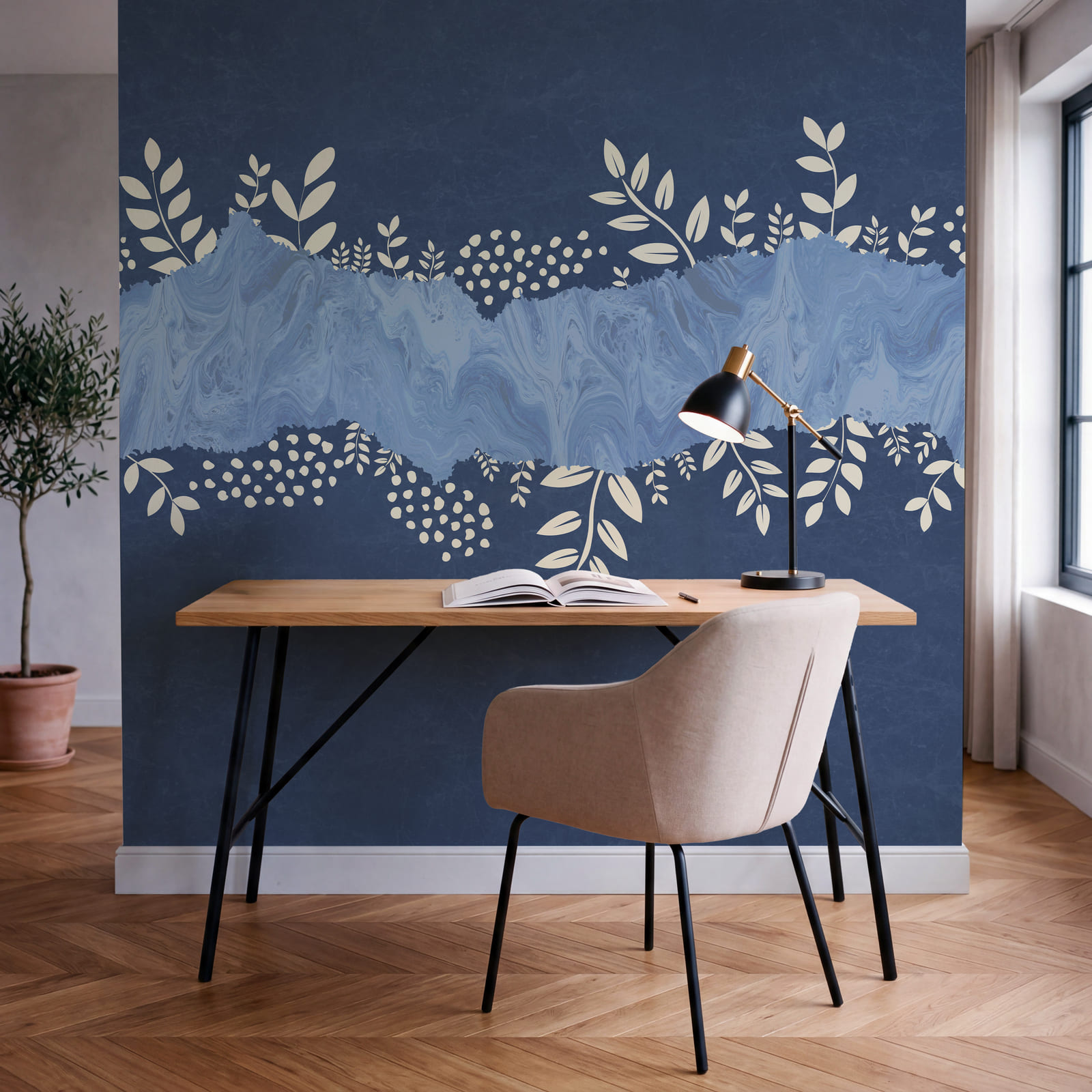 Blauw-witte achtergrond met witte blaadjes en stippen