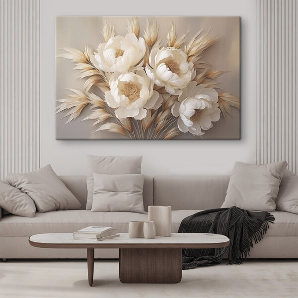 Canvas Schilderijen Een groep witte bloemen en bruine bladeren