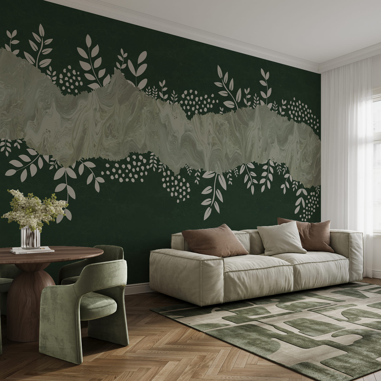 Groene en witte achtergrond met witte bladeren en bloemen