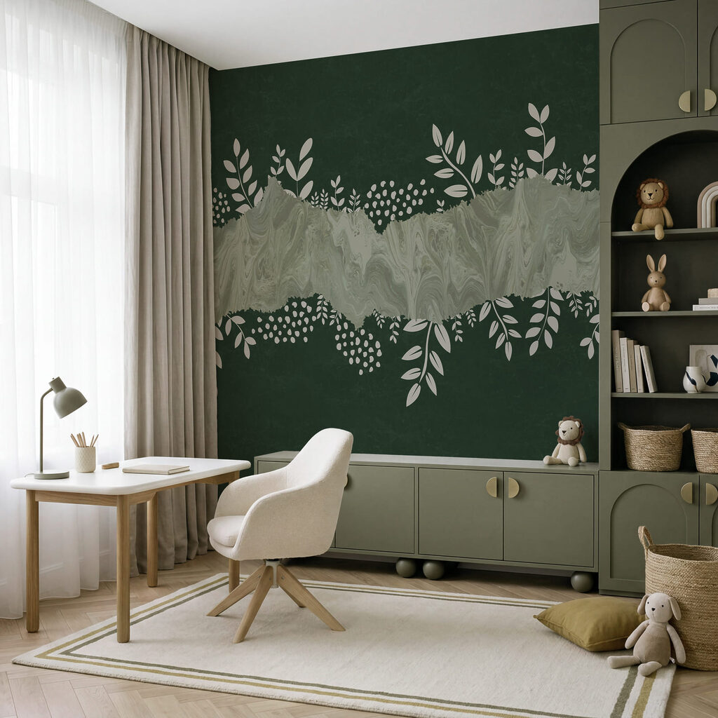 Groene en witte achtergrond met witte bladeren en bloemen