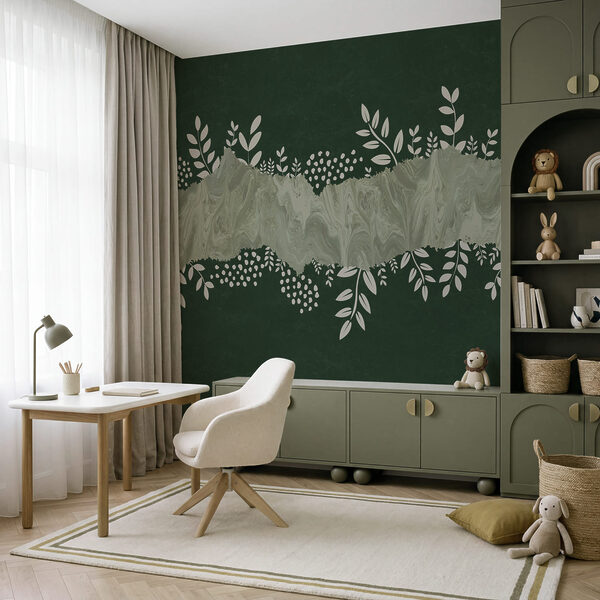 Groene en witte achtergrond met witte bladeren en bloemen