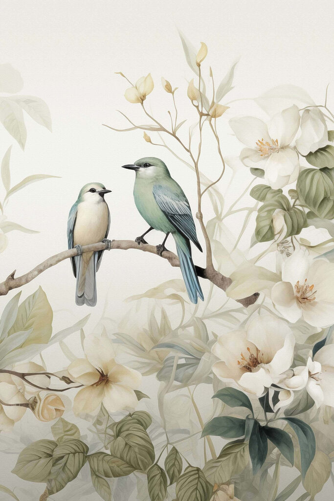 Two birds on a branch with flowers