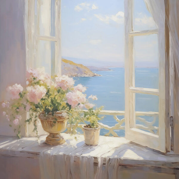 Painting of flowers on a window sill Painting of flowers on a window sill