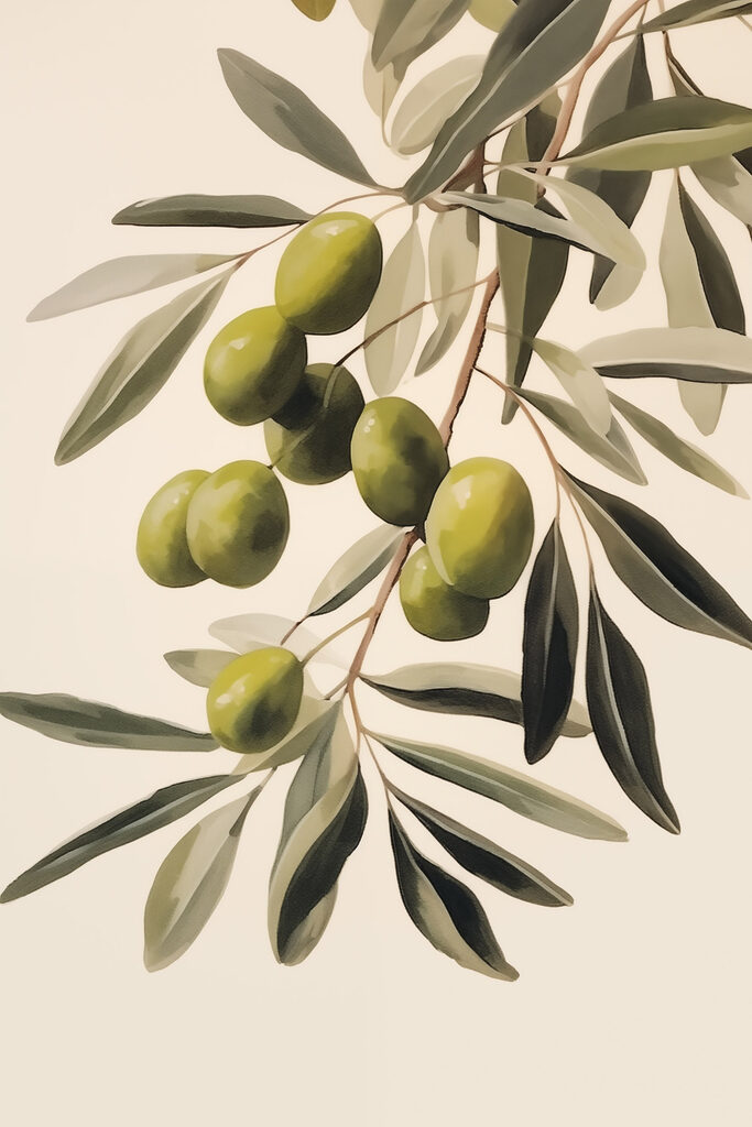 Painting of green olives on a branch